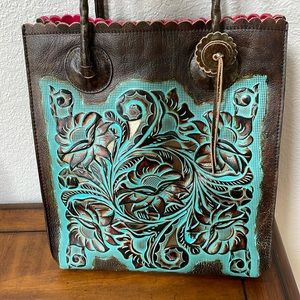 Patricia Nash Cavo Turquoise Tooled Leather Cut Out Tote